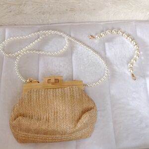 Elegant Gold Woven Bag with Pearl Strap